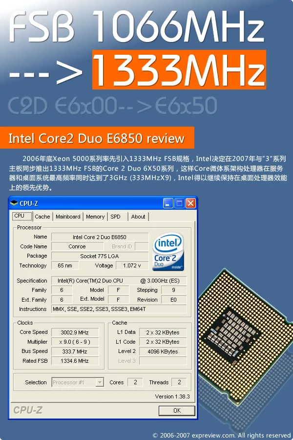 频率刷新，1333MHz FSB Intel Core 2 Duo E6850详尽测试